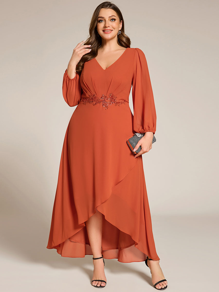 Color=Burnt Orange | Elegant Plus Size Applique Empire Waist Nine-Length Chiffon Evening Dresses with Regular fold stream Asymmetrical Hem-Burnt Orange 6