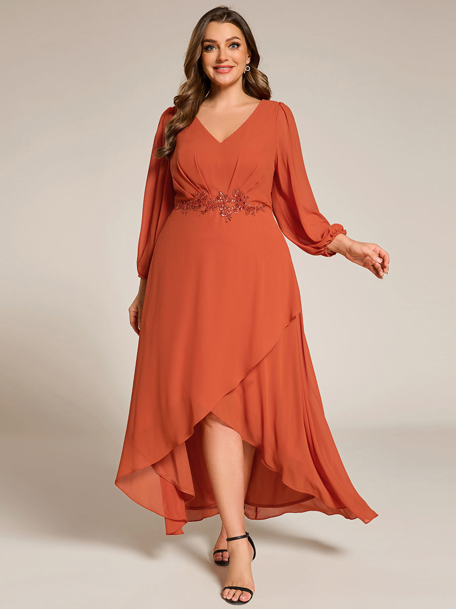 Color=Burnt Orange | Elegant Plus Size Applique Empire Waist Nine-Length Chiffon Evening Dresses with Regular fold stream Asymmetrical Hem-Burnt Orange 8