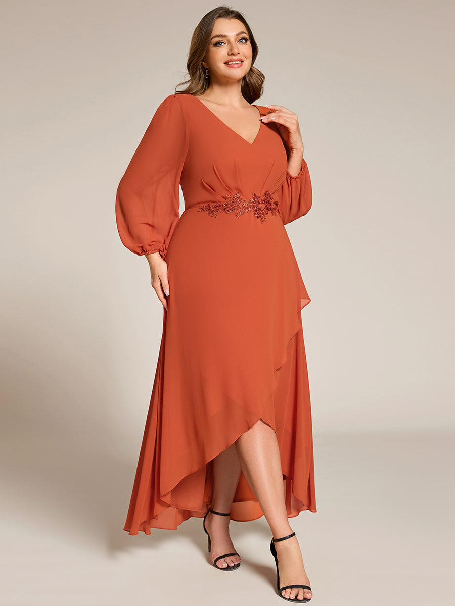 Color=Burnt Orange | Elegant Plus Size Applique Empire Waist Nine-Length Chiffon Evening Dresses with Regular fold stream Asymmetrical Hem-Burnt Orange 9