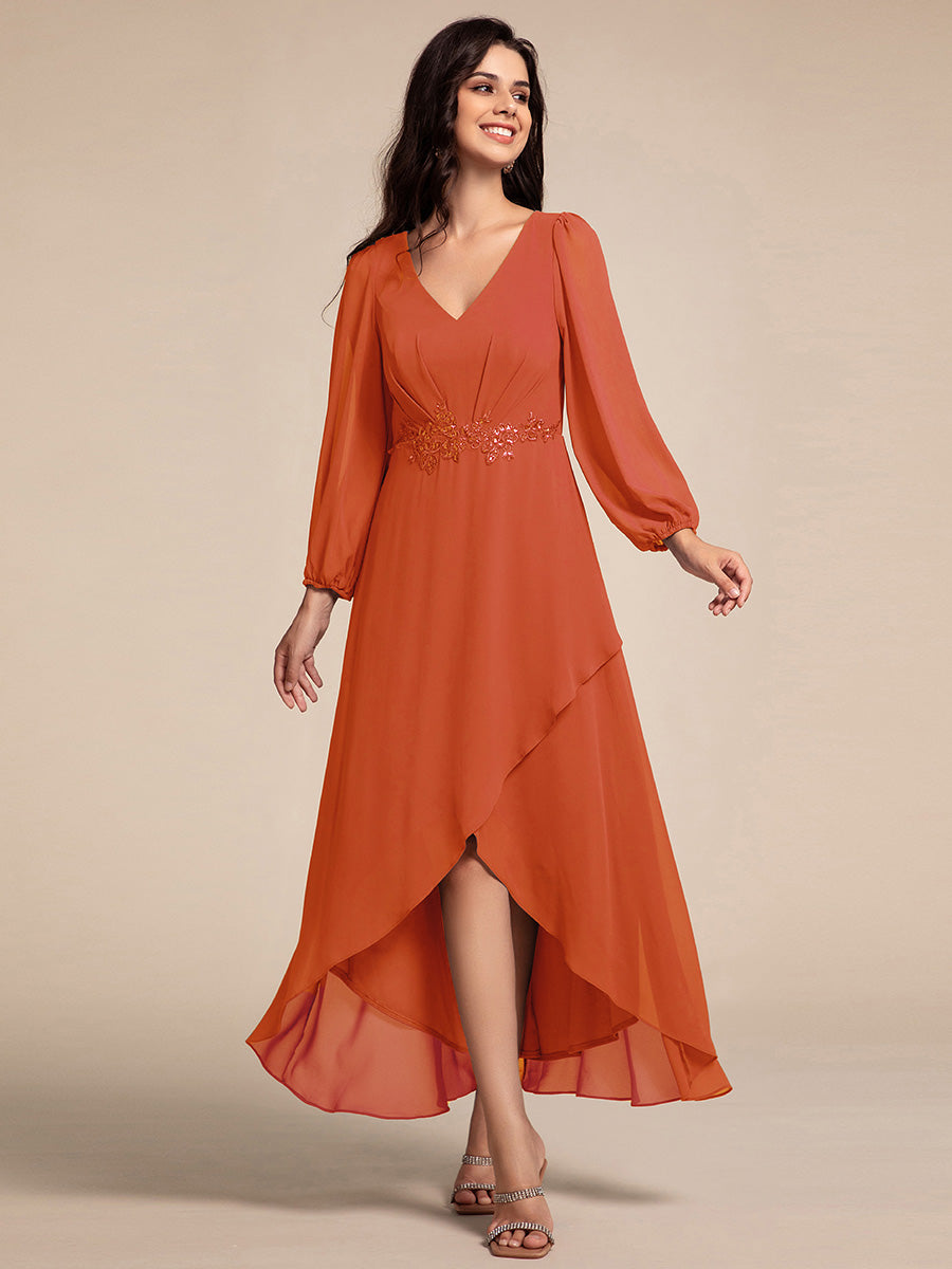 Color=Burnt Orange | Elegant Applique Empire Waist Nine-Length Chiffon Evening Dresses with Regular fold stream Asymmetrical Hem- 7