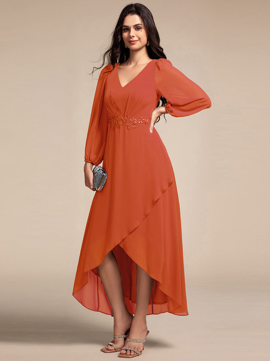 Color=Burnt Orange | Elegant Applique Empire Waist Nine-Length Chiffon Evening Dresses with Regular fold stream Asymmetrical Hem- 9