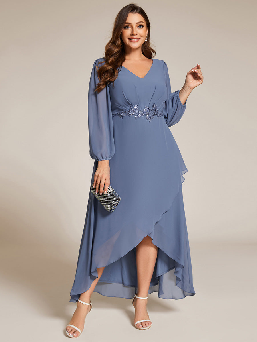 Color=Dusty Blue | Elegant Plus Size Applique Empire Waist Nine-Length Chiffon Evening Dresses with Regular fold stream Asymmetrical Hem-Dusty Blue 11