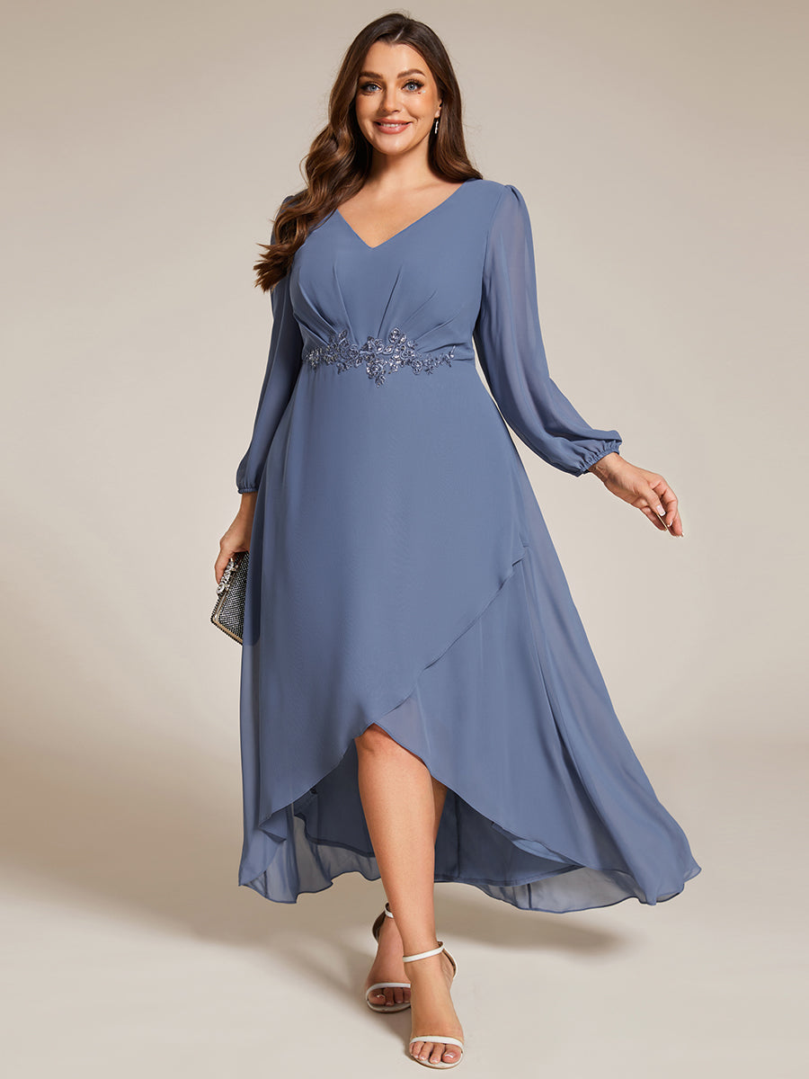 Color=Dusty Navy | Elegant Plus Size Applique Empire Waist Nine-Length Chiffon Evening Dresses with Regular fold stream Asymmetrical Hem-Dusty Navy 13