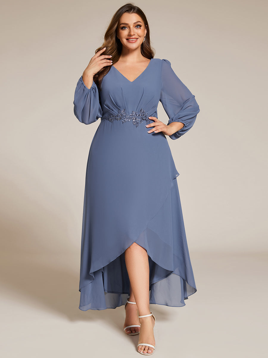 Color=Dusty Navy | Elegant Plus Size Applique Empire Waist Nine-Length Chiffon Evening Dresses with Regular fold stream Asymmetrical Hem-Dusty Navy 14