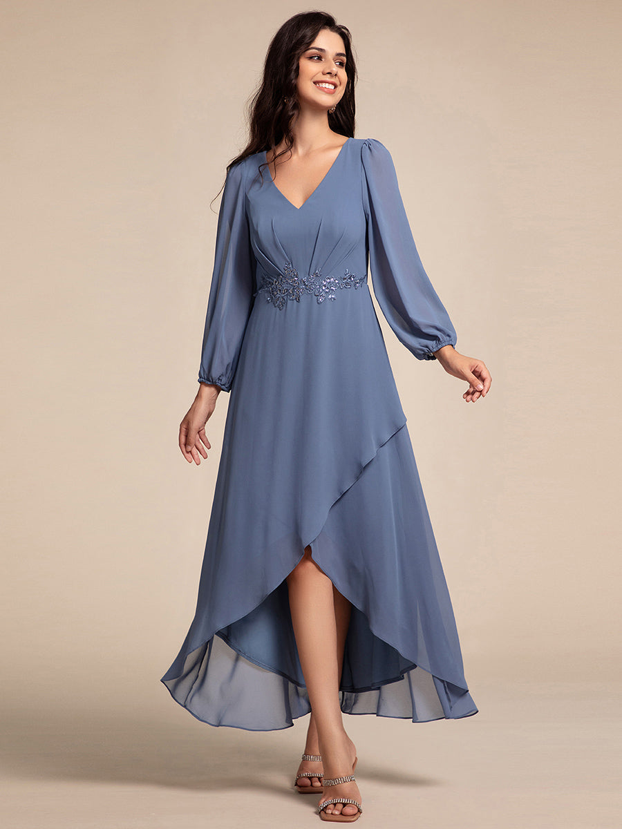 Color=Dusty Navy | Elegant Applique Empire Waist Nine-Length Chiffon Evening Dresses with Regular fold stream Asymmetrical Hem-Dusty Navy 12