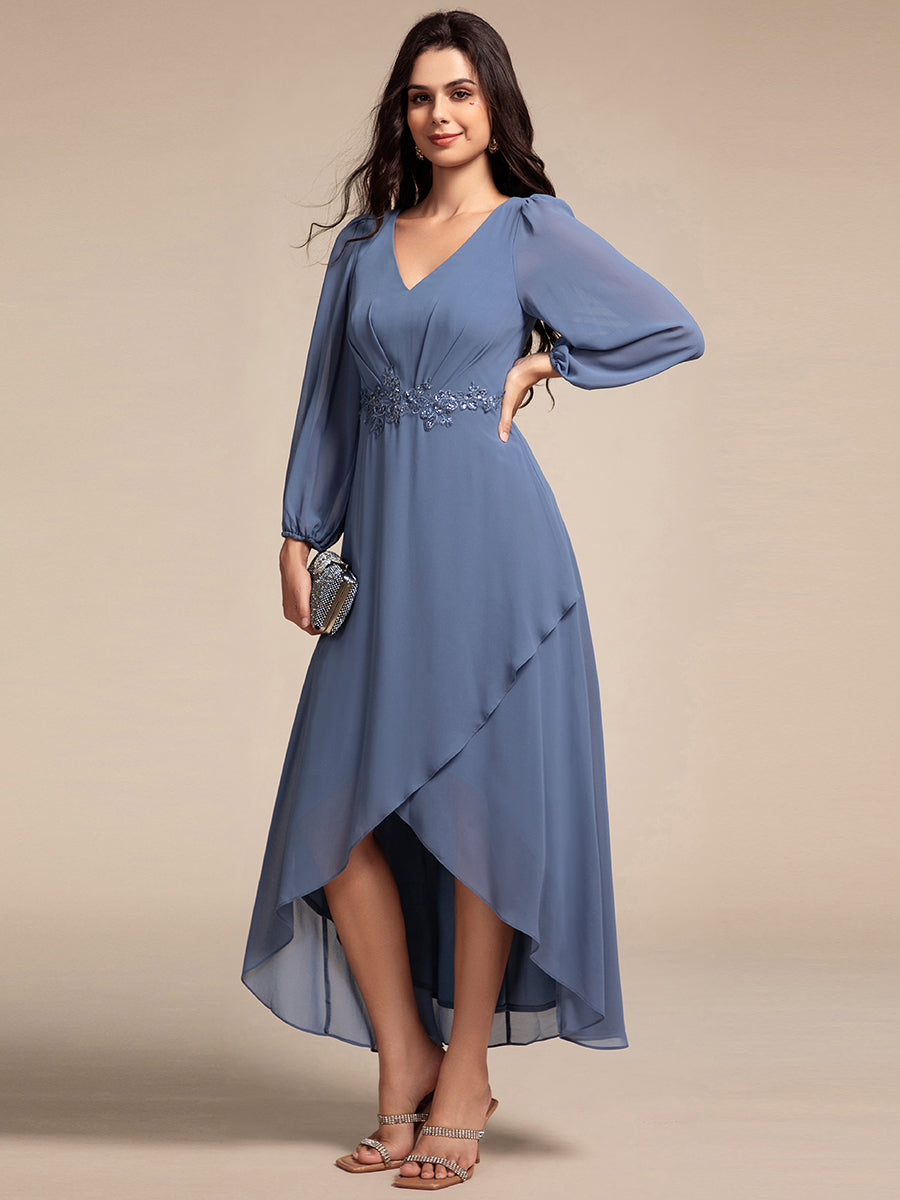 Color=Dusty Navy | Elegant Applique Empire Waist Nine-Length Chiffon Evening Dresses with Regular fold stream Asymmetrical Hem-Dusty Navy 14