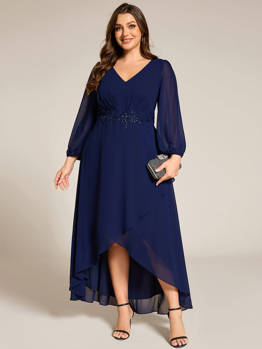 Color=Navy Blue | Elegant Plus Size Applique Empire Waist Nine-Length Chiffon Evening Dresses with Regular fold stream Asymmetrical Hem-Navy Blue 16