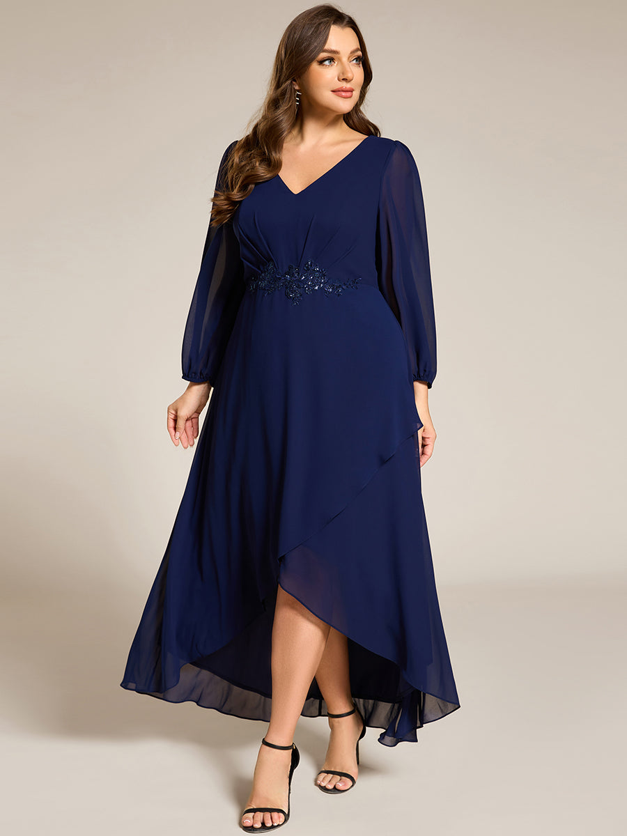 Color=Navy Blue | Elegant Plus Size Applique Empire Waist Nine-Length Chiffon Evening Dresses with Regular fold stream Asymmetrical Hem-Navy Blue 18