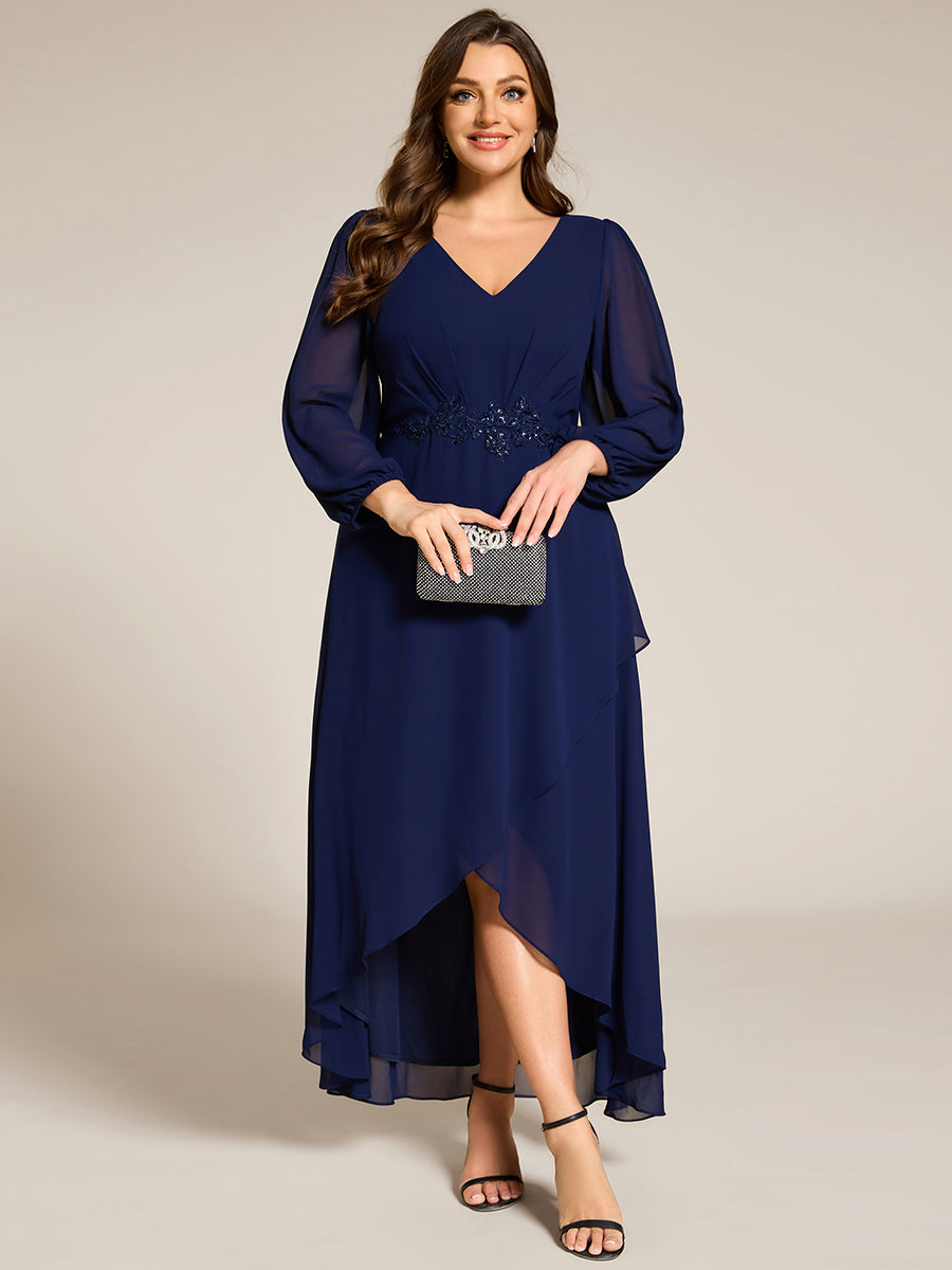 Color=Navy Blue | Elegant Plus Size Applique Empire Waist Nine-Length Chiffon Evening Dresses with Regular fold stream Asymmetrical Hem-Navy Blue 19