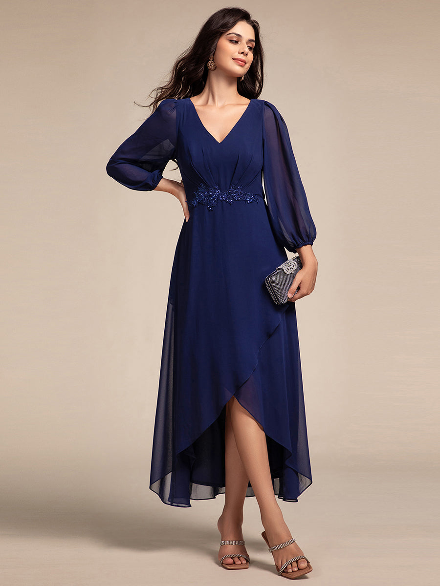 Color=Navy Blue | Elegant Applique Empire Waist Nine-Length Chiffon Evening Dresses with Regular fold stream Asymmetrical Hem-Navy Blue 19