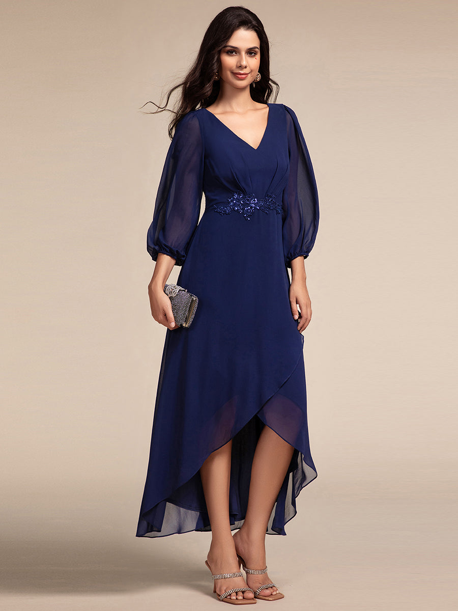 Color=Navy Blue | Elegant Applique Empire Waist Nine-Length Chiffon Evening Dresses with Regular fold stream Asymmetrical Hem-Navy Blue 20