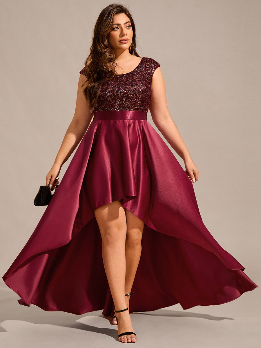 Color=Burgundy | Plus Size Elegant Round Neck Asymmetrical Hem Sequin Contrast Satin Dresses with Raglan Sleeves-Burgundy 1