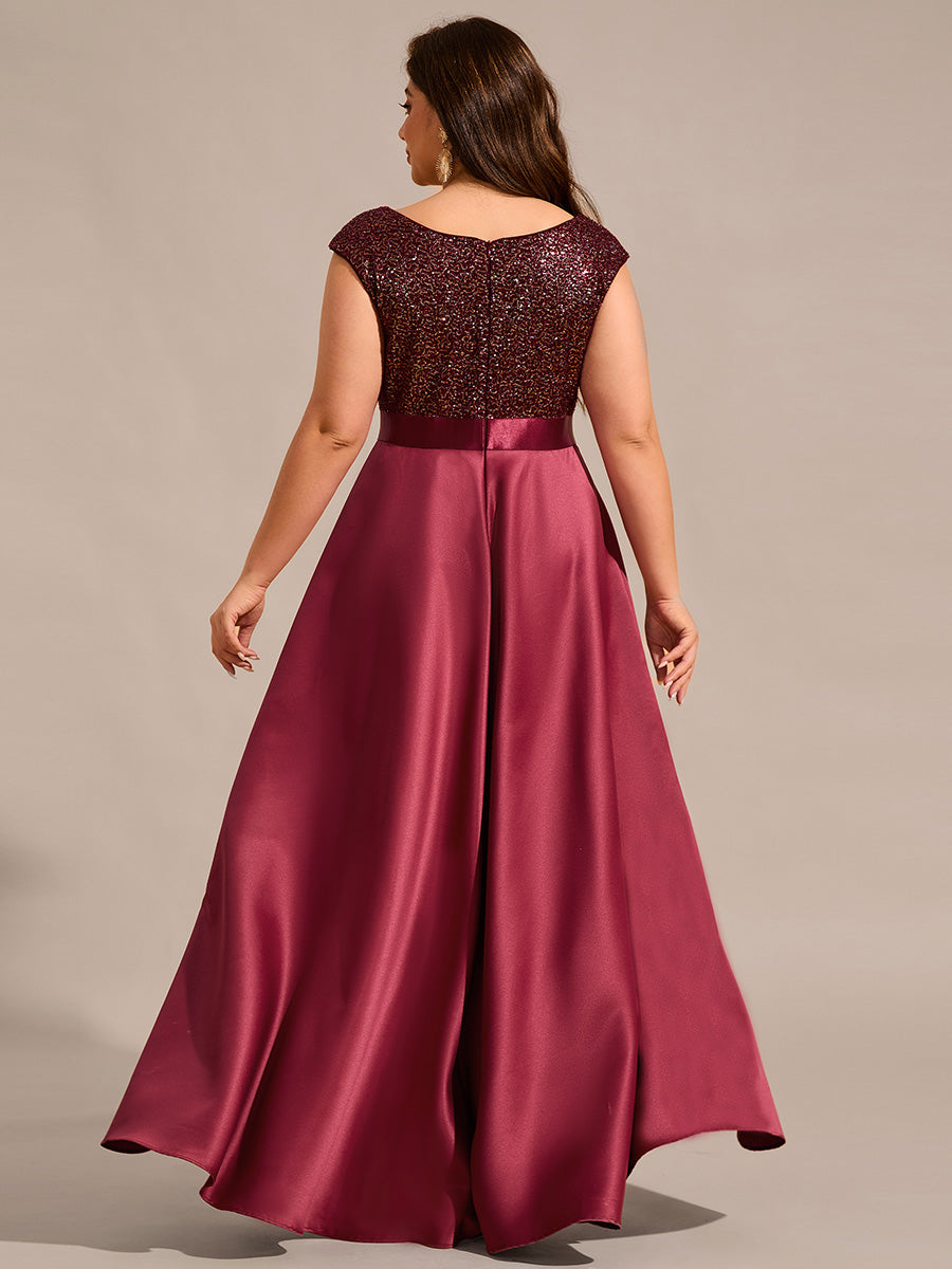 Color=Burgundy | Plus Size Elegant Round Neck Asymmetrical Hem Sequin Contrast Satin Dresses with Raglan Sleeves-Burgundy 2