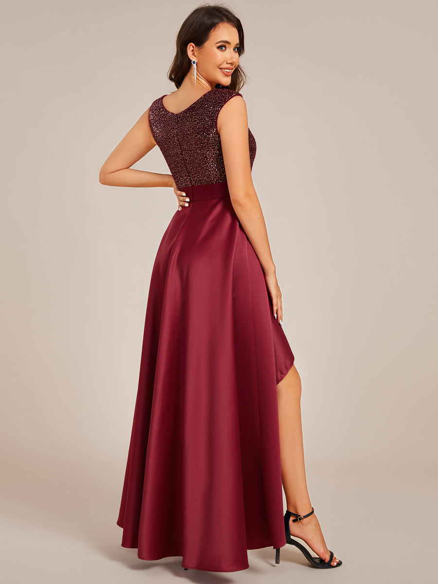 Color=Burgundy | Elegant Round Neck Asymmetrical Hem Sequin Contrast Satin Dresses with Raglan Sleeves-Burgundy 2