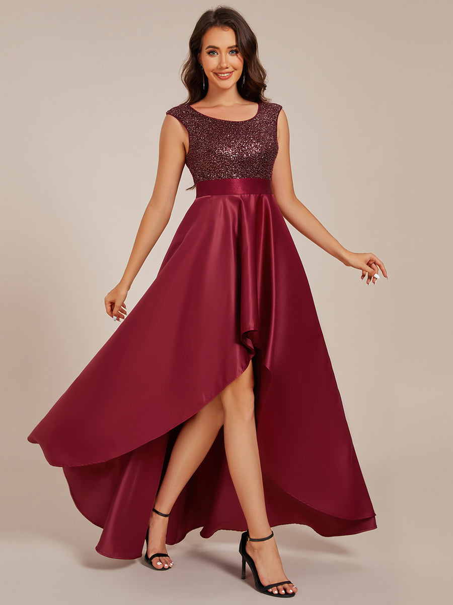 Color=Burgundy | Elegant Round Neck Asymmetrical Hem Sequin Contrast Satin Dresses with Raglan Sleeves-Burgundy 3