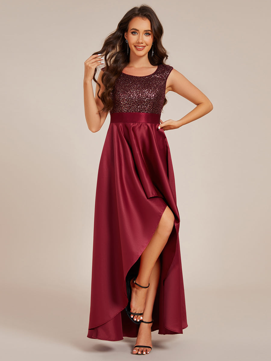 Color=Burgundy | Elegant Round Neck Asymmetrical Hem Sequin Contrast Satin Dresses with Raglan Sleeves-Burgundy 4