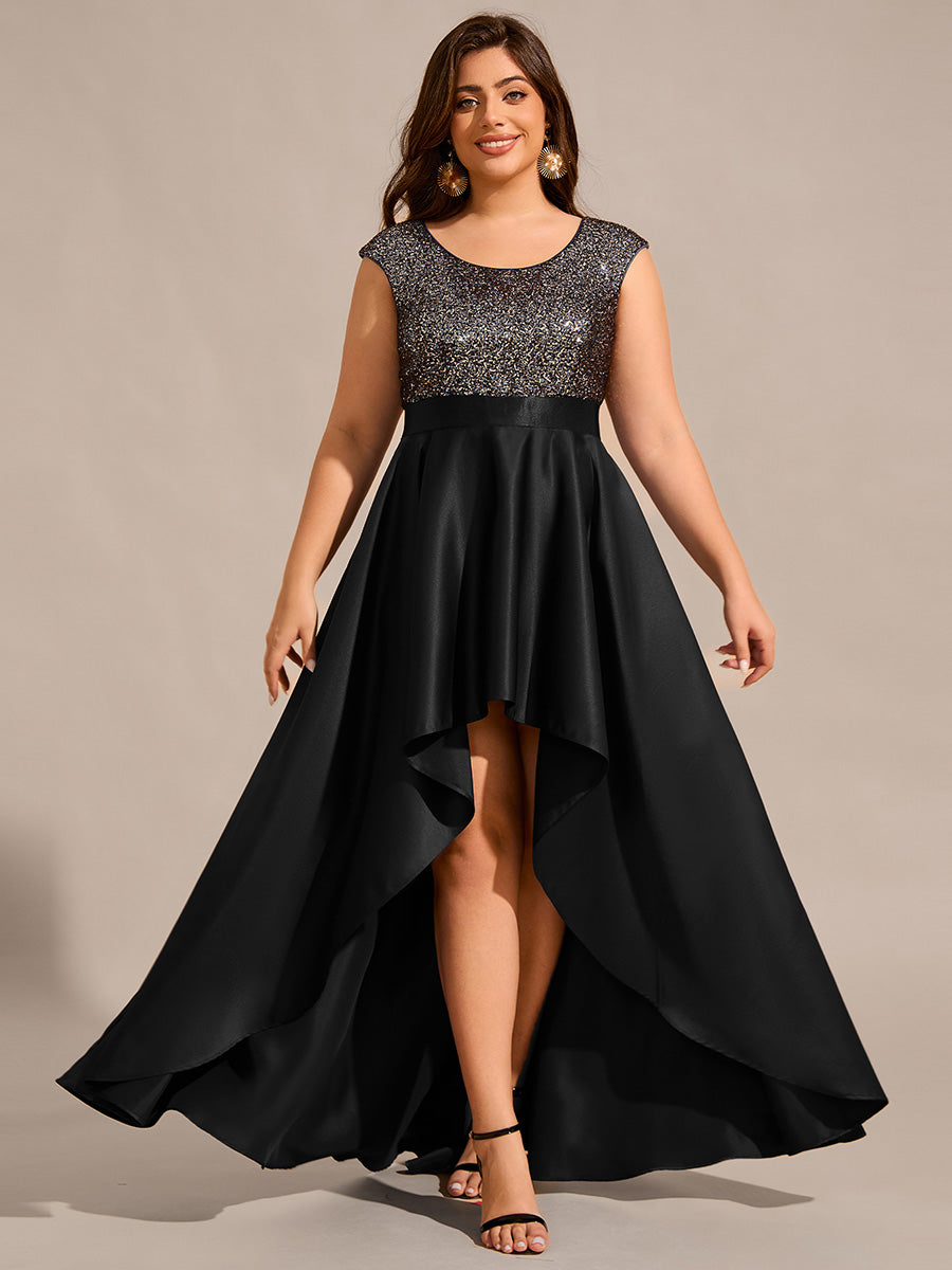 Color=Black | Plus Size Elegant Round Neck Asymmetrical Hem Sequin Contrast Satin Dresses with Raglan Sleeves-Black 6