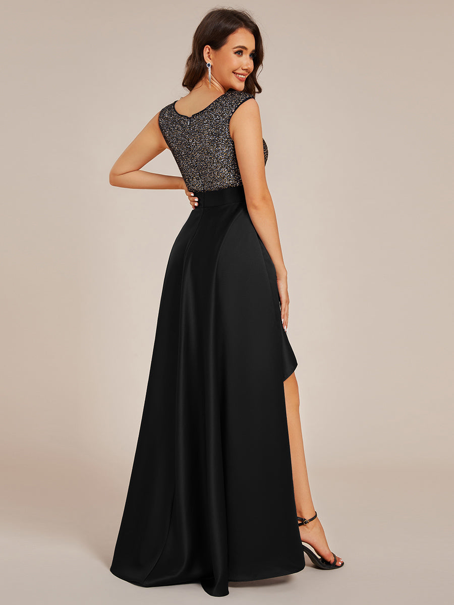 Color=Black | Elegant Round Neck Asymmetrical Hem Sequin Contrast Satin Dresses with Raglan Sleeves-Black 7