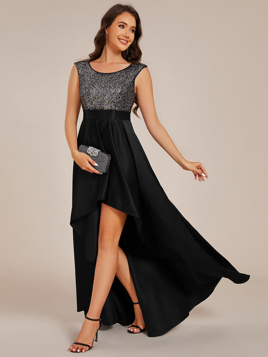 Color=Black | Elegant Round Neck Asymmetrical Hem Sequin Contrast Satin Dresses with Raglan Sleeves-Black 8