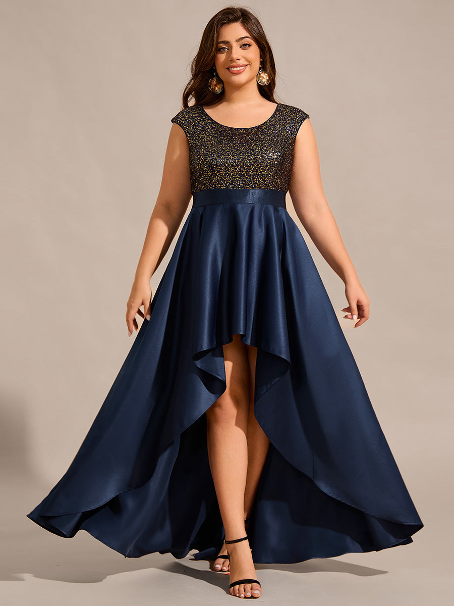 Color=Navy Blue | Plus Size Elegant Round Neck Asymmetrical Hem Sequin Contrast Satin Dresses with Raglan Sleeves-Navy Blue 11