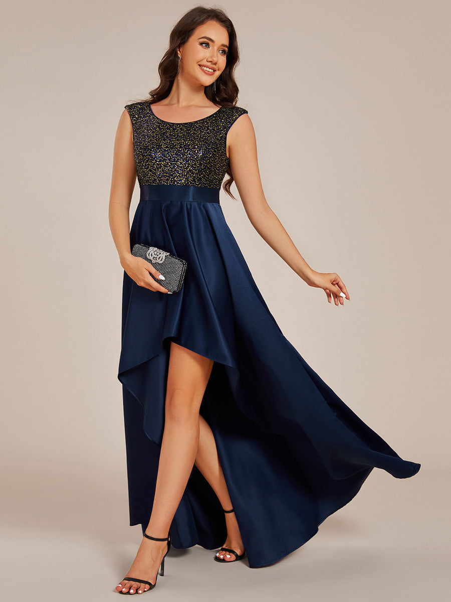 Elegant Round Neck Asymmetrical Hem Sequin Contrast Satin Dresses with Raglan Sleeves