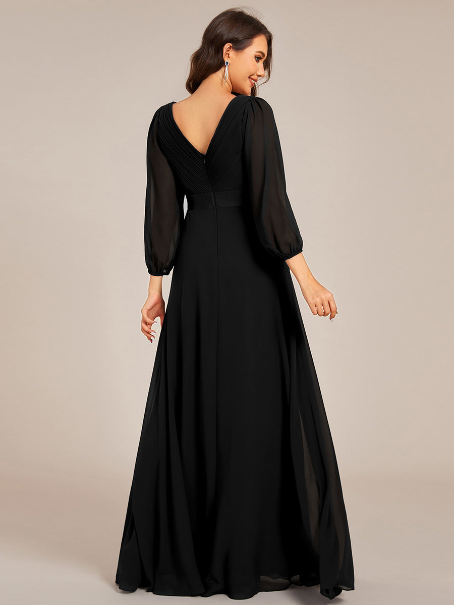 Color=Black | Classical Floor Length Long Sleeves Empire Waist Chiffon Evening Dresses-Black 2