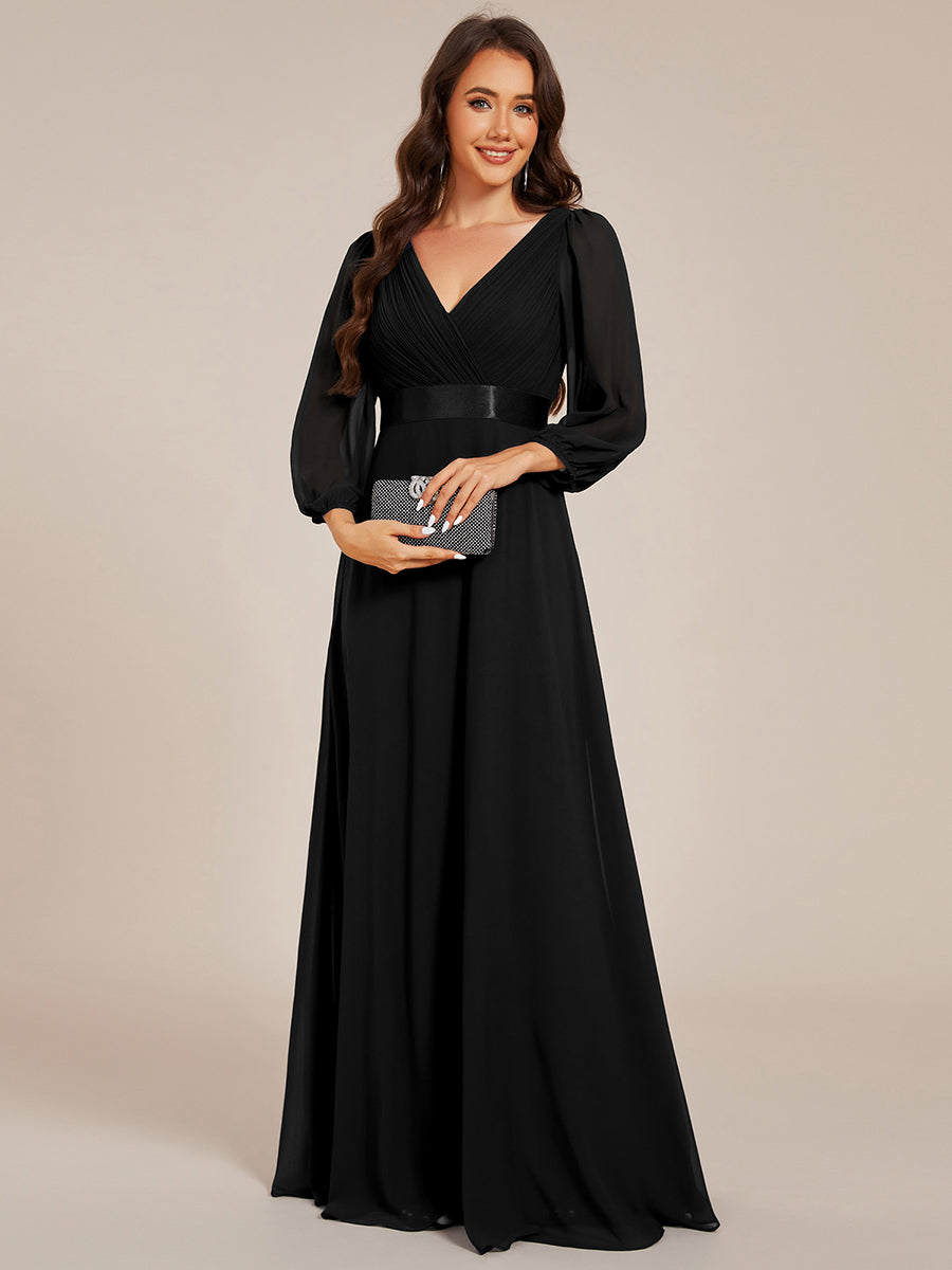 Color=Black | Classical Floor Length Long Sleeves Empire Waist Chiffon Evening Dresses-Black 4