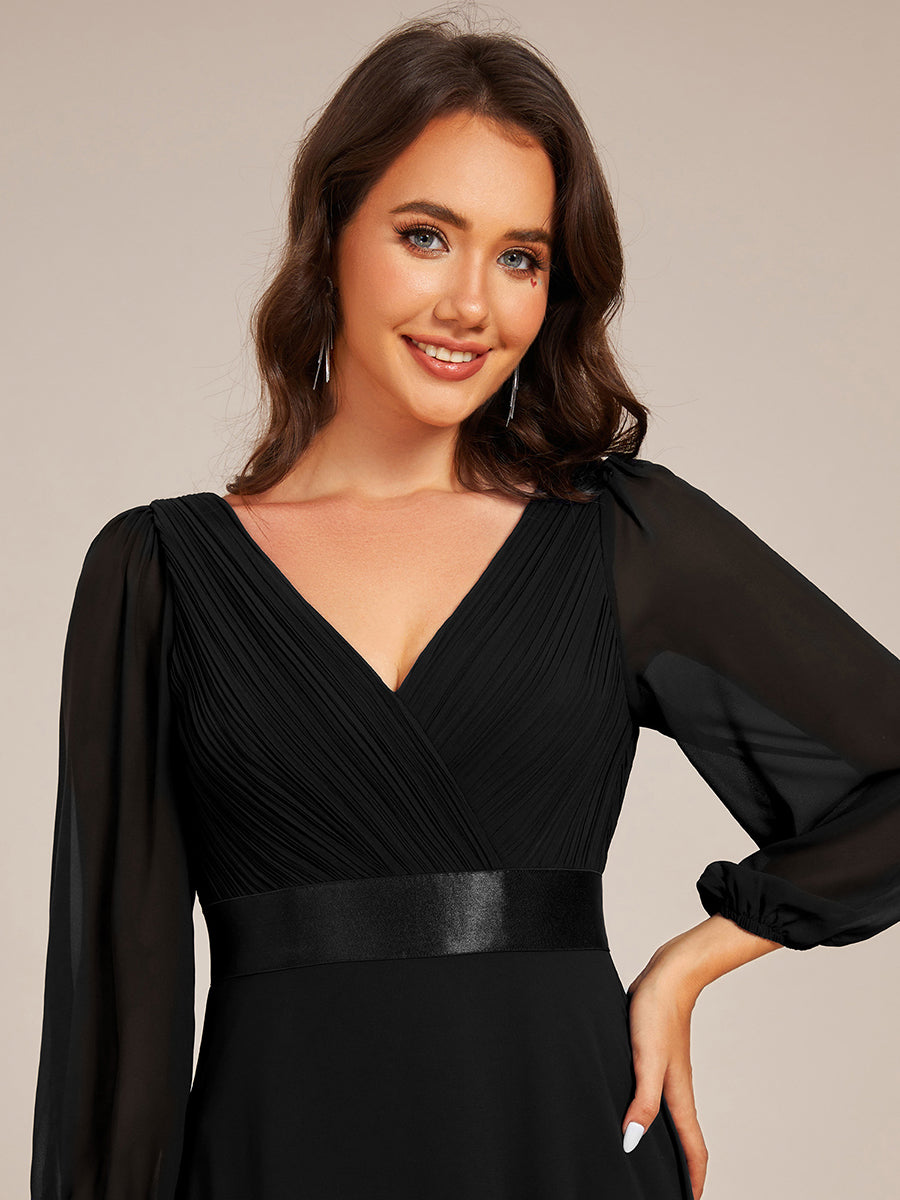 Color=Black | Classical Floor Length Long Sleeves Empire Waist Chiffon Evening Dresses-Black 5