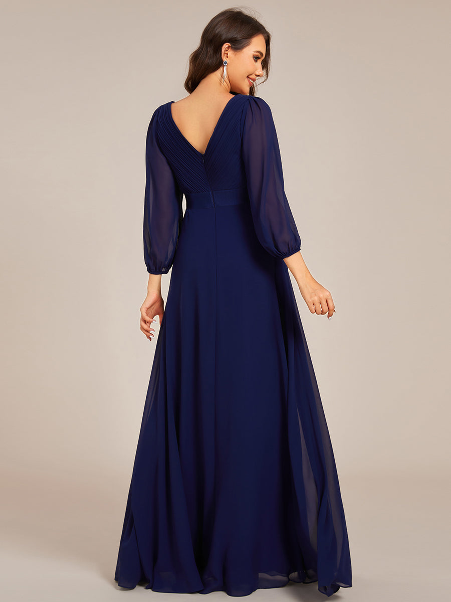 Color=Navy Blue | Classical Floor Length Long Sleeves Empire Waist Chiffon Evening Dresses-Navy Blue 7