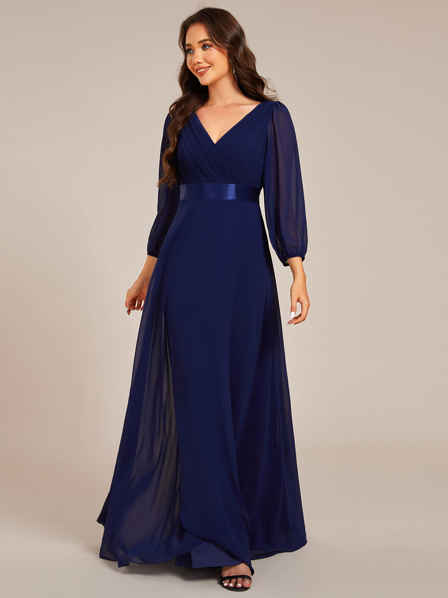 Color=Navy Blue | Classical Floor Length Long Sleeves Empire Waist Chiffon Evening Dresses-Navy Blue 8