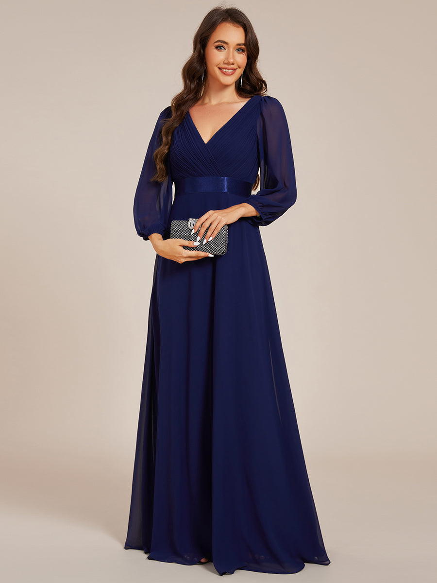 Color=Navy Blue | Classical Floor Length Long Sleeves Empire Waist Chiffon Evening Dresses-Navy Blue 9