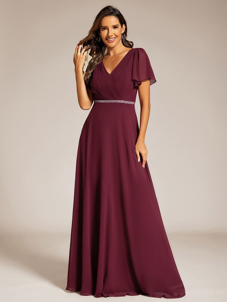 Color=Burgundy | Elegant Midi Length Ruffles Sleeves Chiffon Dresses Empire Waist Evening Dresses with Belt-Burgundy 8