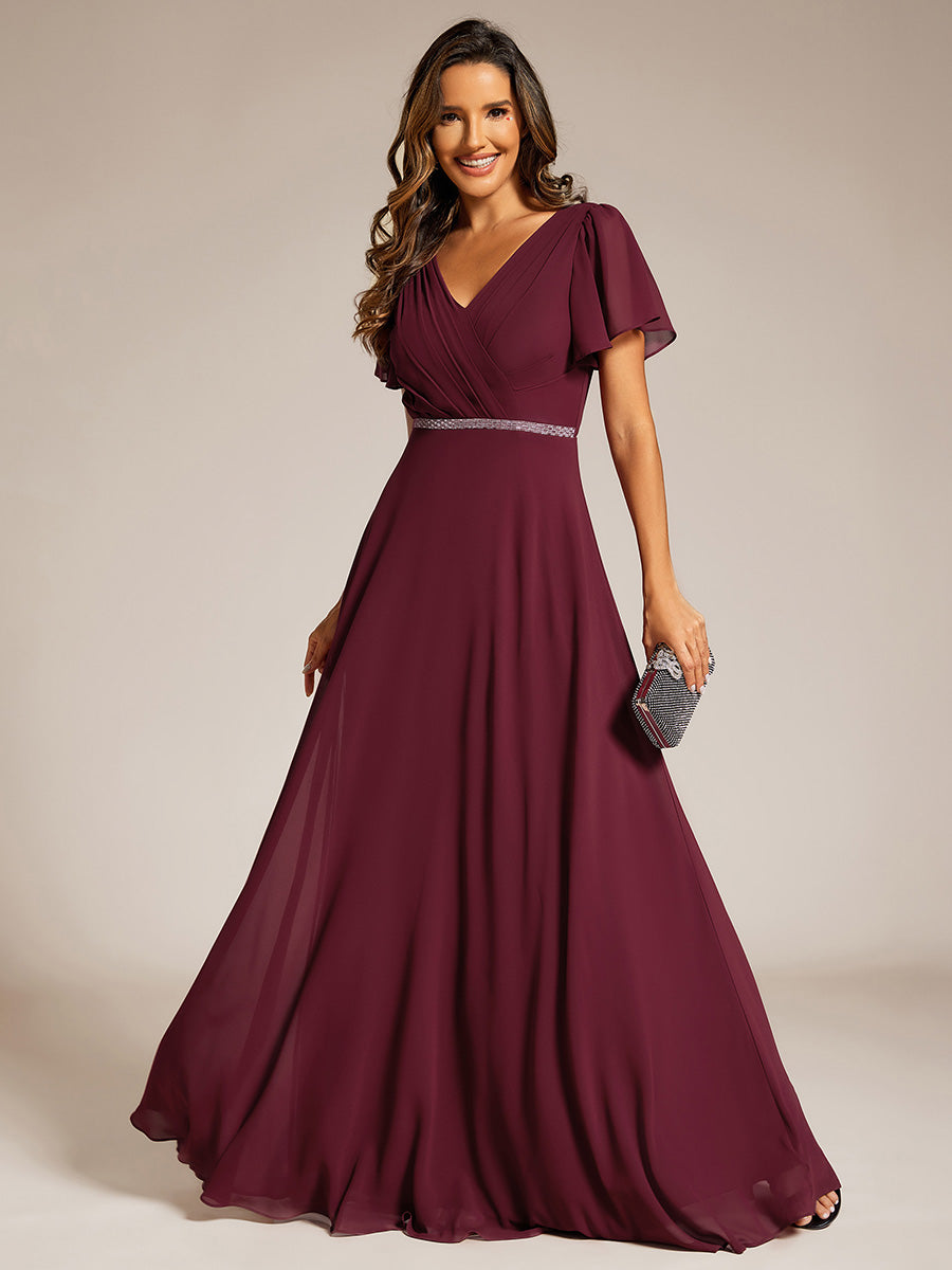 Color=Burgundy | Elegant Midi Length Ruffles Sleeves Chiffon Dresses Empire Waist Evening Dresses with Belt-Burgundy 9