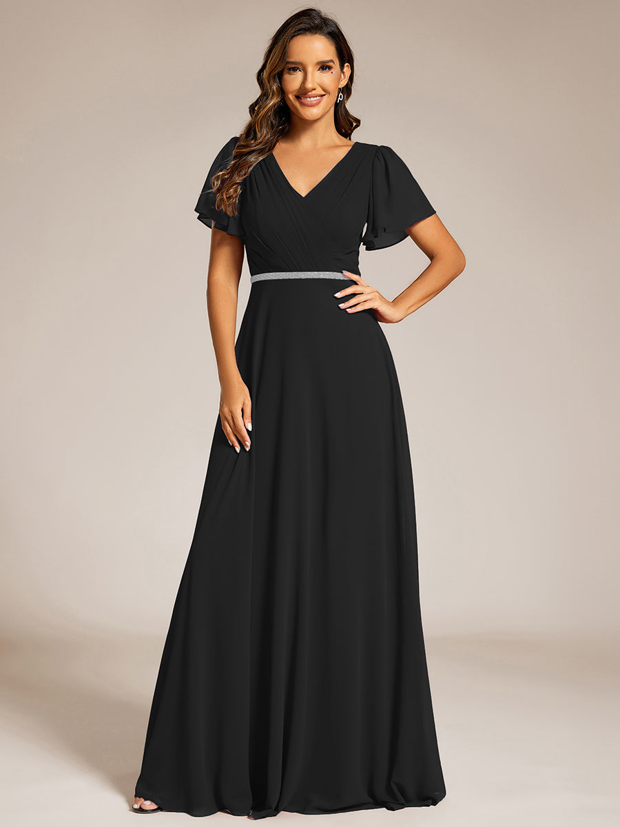 Color=Black | Elegant Midi Length Ruffles Sleeves Chiffon Dresses Empire Waist Evening Dresses with Belt-Black 11