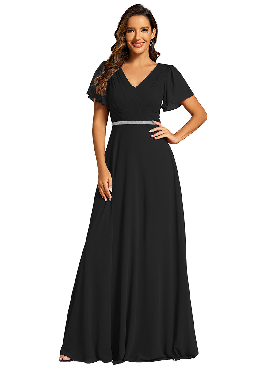 Color=Black | Elegant Midi Length Ruffles Sleeves Chiffon Dresses Empire Waist Evening Dresses with Belt-Black 12