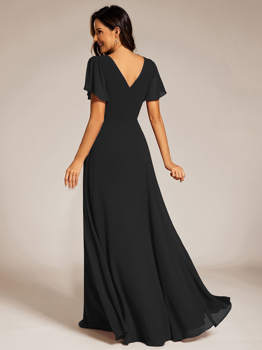 Color=Black | Elegant Midi Length Ruffles Sleeves Chiffon Dresses Empire Waist Evening Dresses with Belt-Black 13