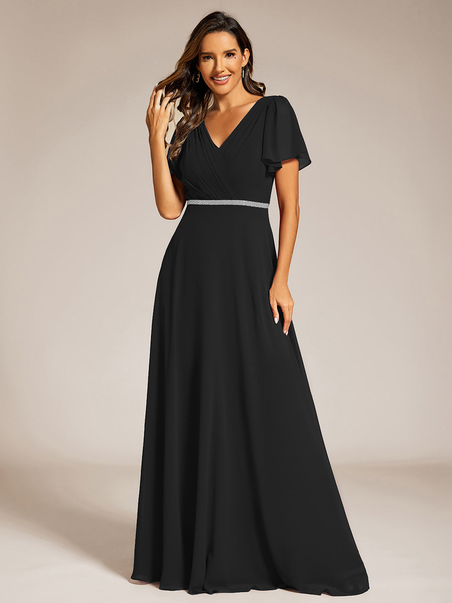 Color=Black | Elegant Midi Length Ruffles Sleeves Chiffon Dresses Empire Waist Evening Dresses with Belt-Black 14