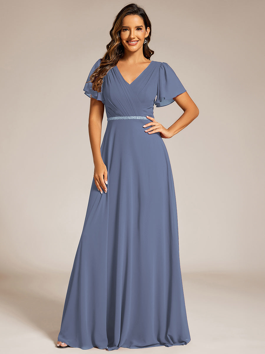 Color=Dusty Navy | Elegant Midi Length Ruffles Sleeves Chiffon Dresses Empire Waist Evening Dresses with Belt-Dusty Navy 17