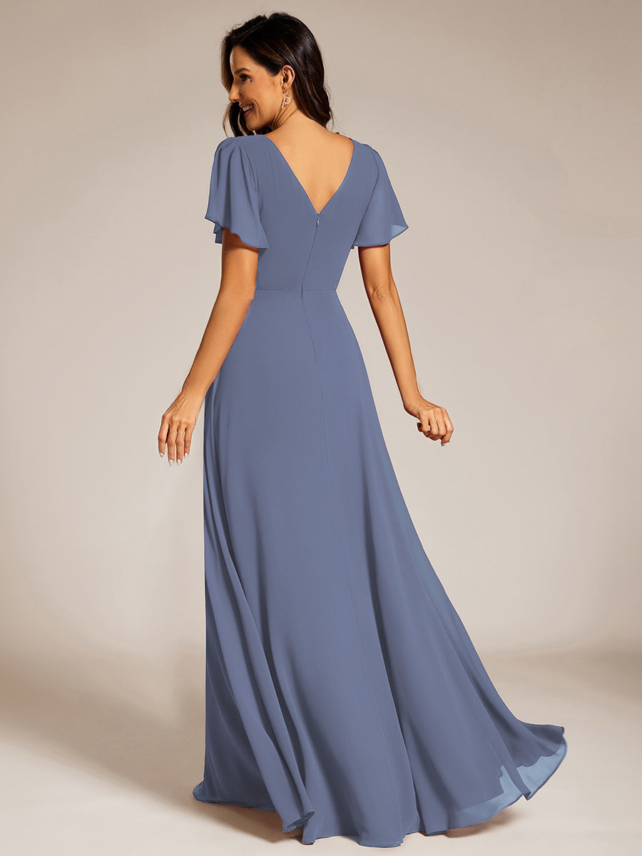 Color=Dusty Navy | Elegant Midi Length Ruffles Sleeves Chiffon Dresses Empire Waist Evening Dresses with Belt-Dusty Navy 18