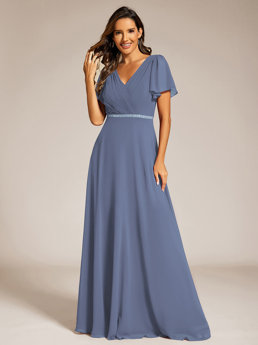 Color=Dusty Navy | Elegant Midi Length Ruffles Sleeves Chiffon Dresses Empire Waist Evening Dresses with Belt-Dusty Navy 19