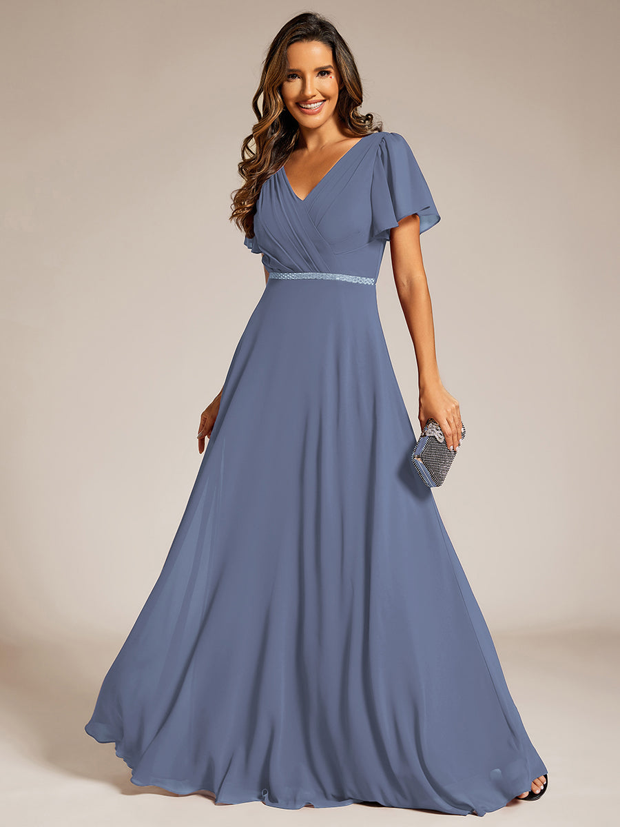 Color=Dusty Blue | Elegant Midi Length Ruffles Sleeves Chiffon Dresses Empire Waist Evening Dresses with Belt-Dusty Blue 20