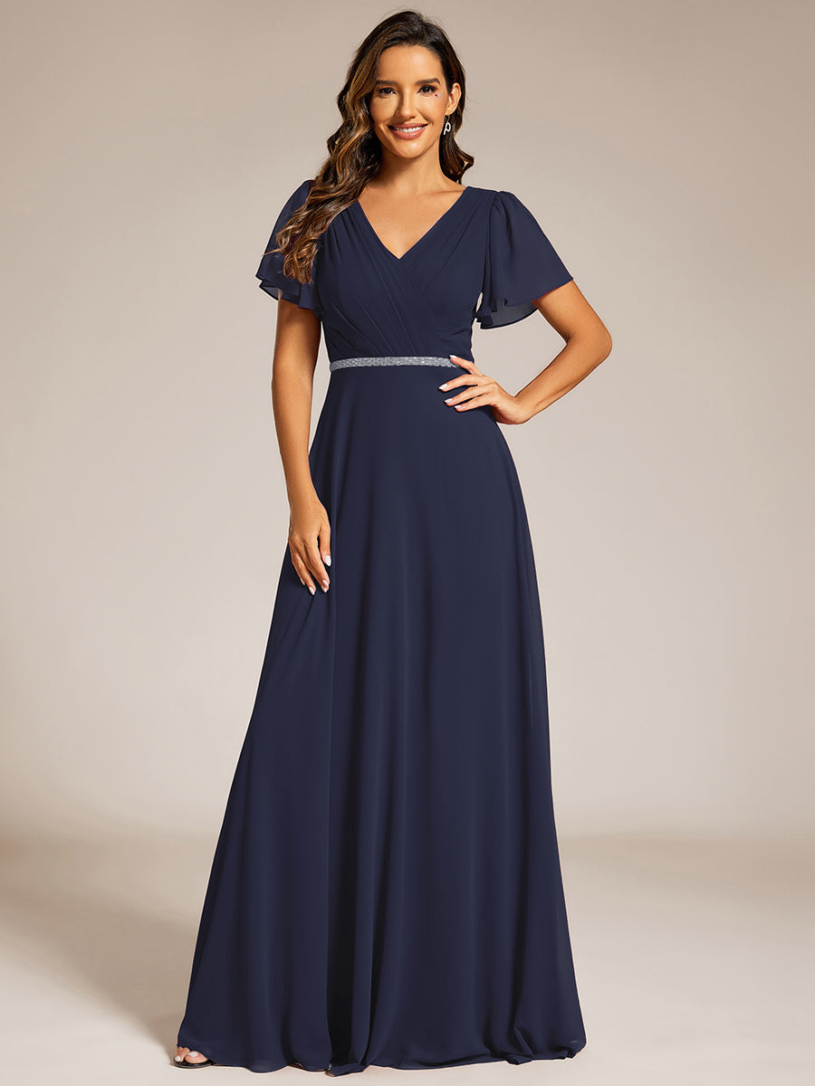 Color=Navy Blue | Elegant Midi Length Ruffles Sleeves Chiffon Dresses Empire Waist Evening Dresses with Belt-Navy Blue 22