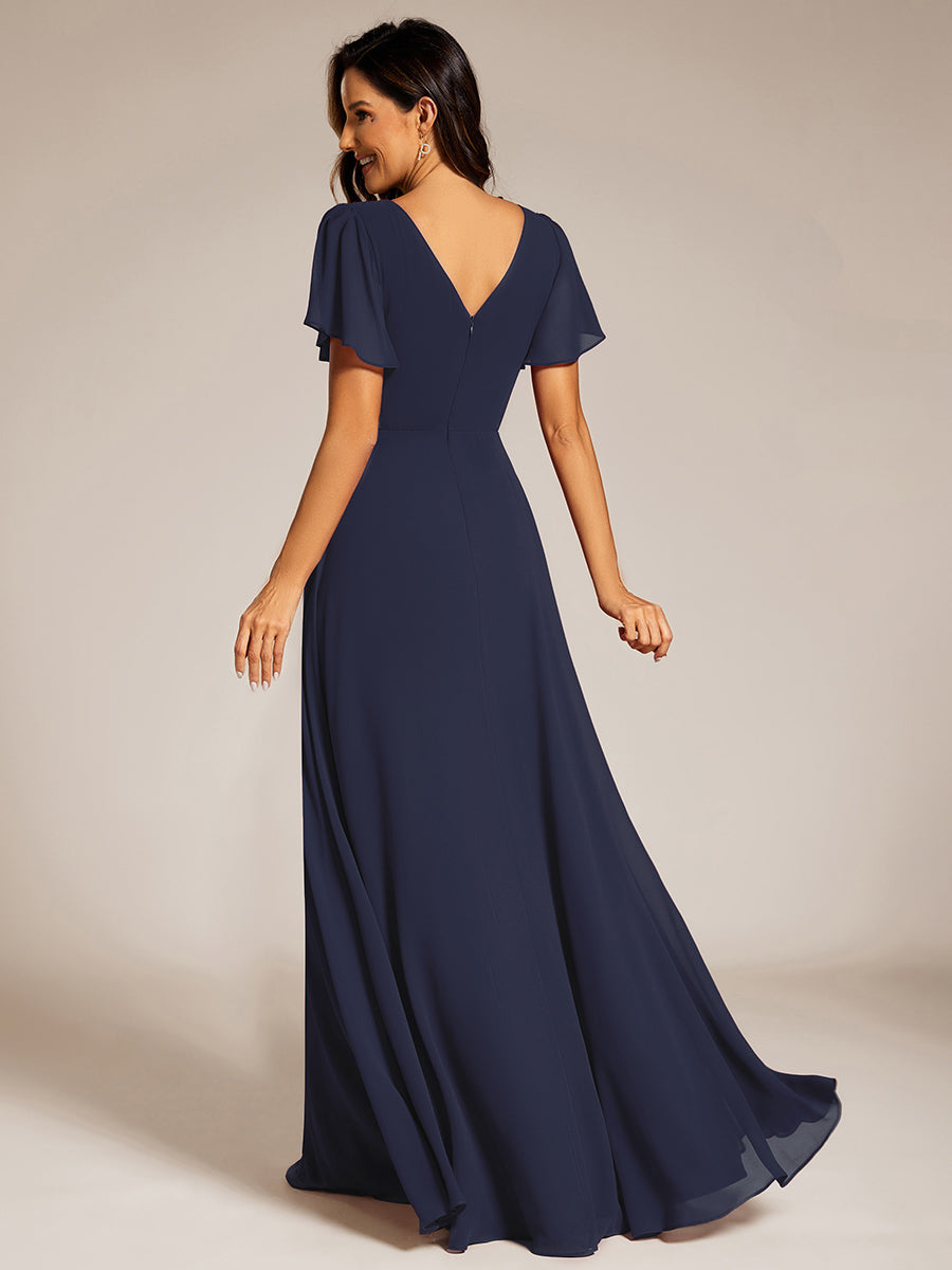 Color=Navy Blue | Elegant Midi Length Ruffles Sleeves Chiffon Dresses Empire Waist Evening Dresses with Belt-Navy Blue 23