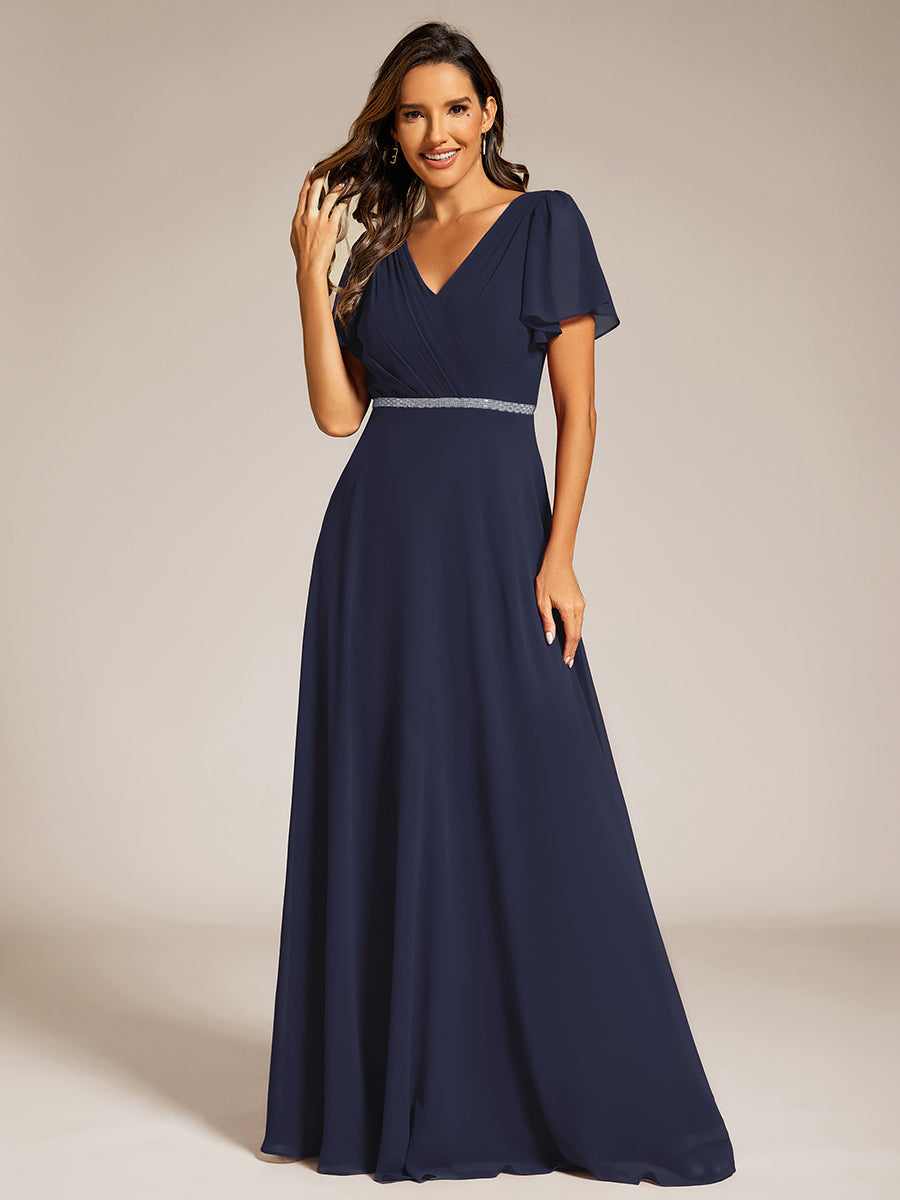 Color=Navy Blue | Elegant Midi Length Ruffles Sleeves Chiffon Dresses Empire Waist Evening Dresses with Belt-Navy Blue 24