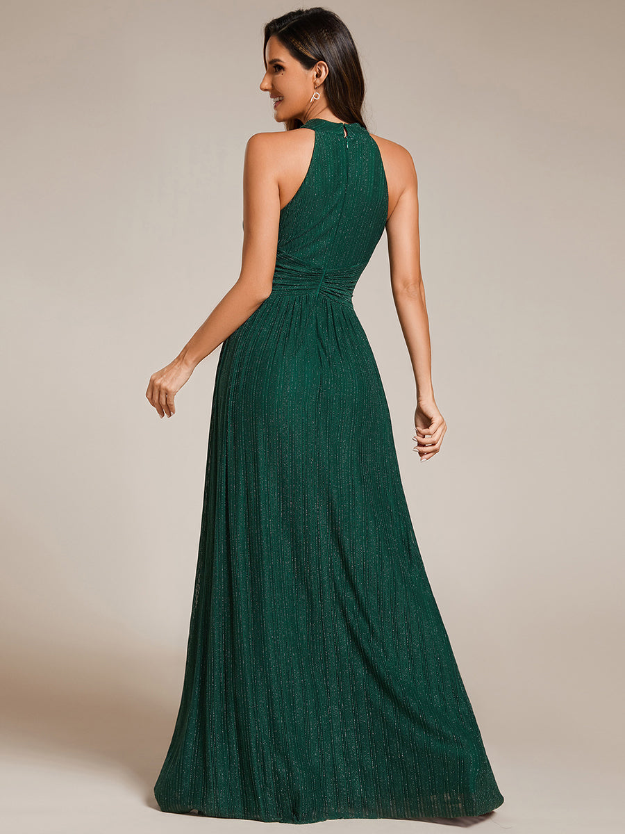 Color=Dark Green | Glittery Halter Neck Pleated Formal Wholesale Evening Dress-Dark Green 10