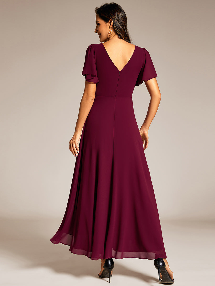 Color=Burgundy | Elegant Asymmetrical A-Line Skirt Nine-Length Chiffon Dresses with Ruffles Sleeves-Burgundy 7