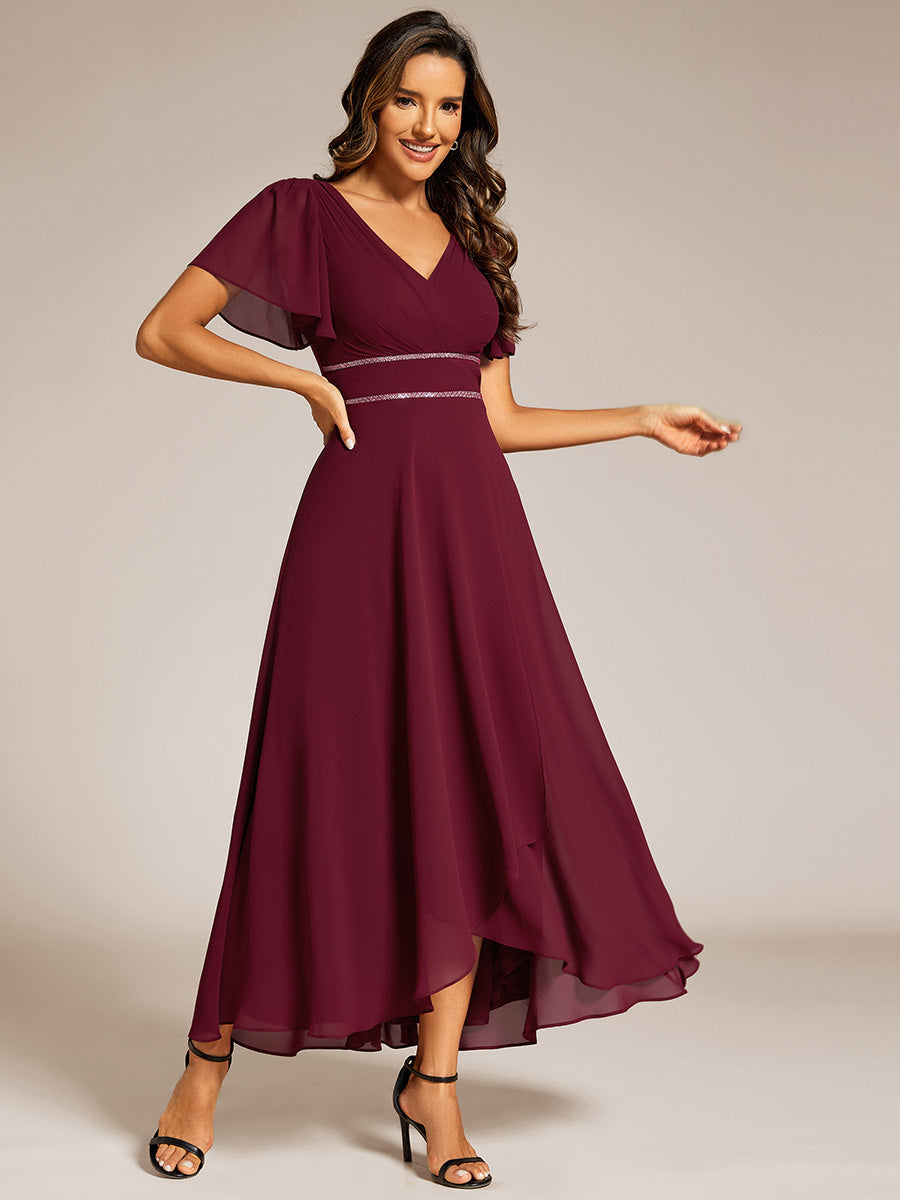 Color=Burgundy | Elegant Asymmetrical A-Line Skirt Nine-Length Chiffon Dresses with Ruffles Sleeves-Burgundy 8