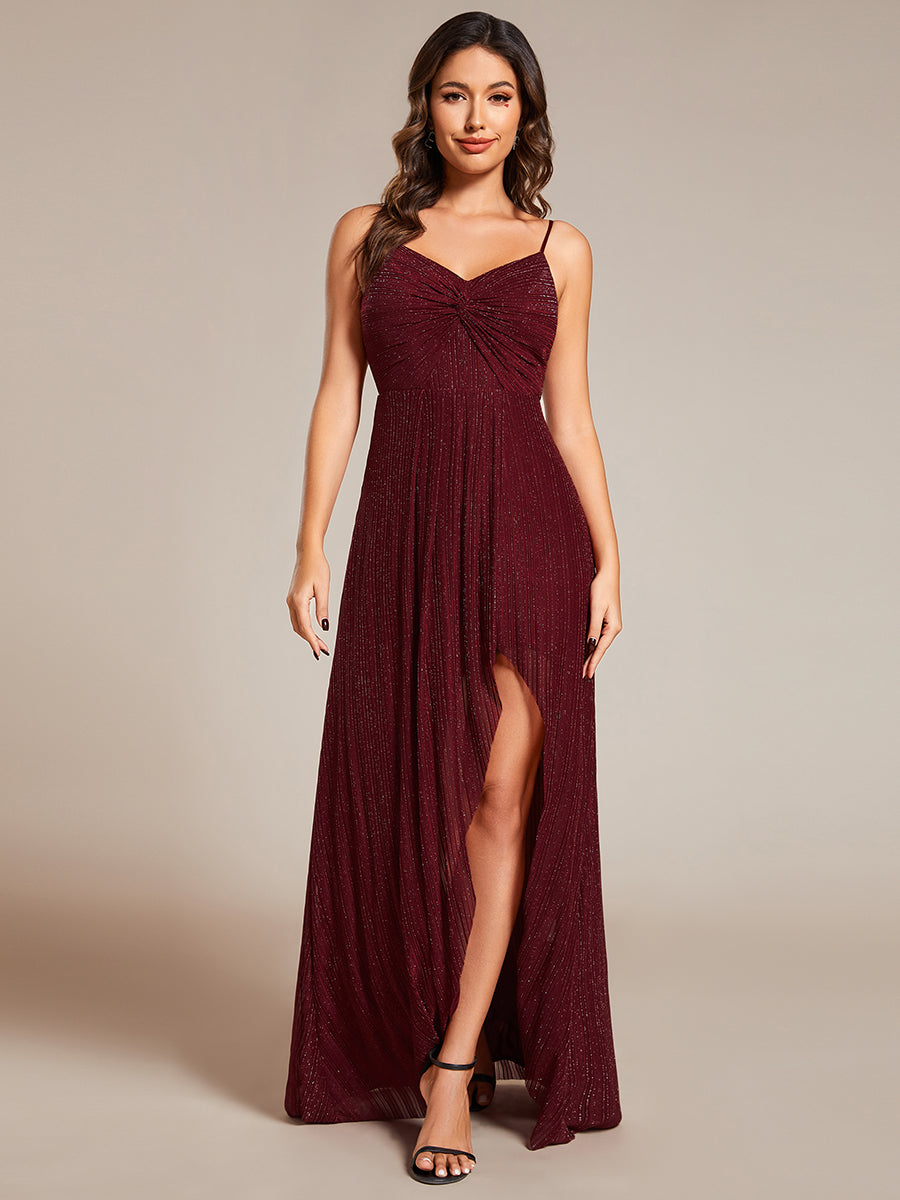 Graceful Spaghetti Straps Split Pleated Empire Waist V Neck Floor Length Chiffon Dresses with Shimmer