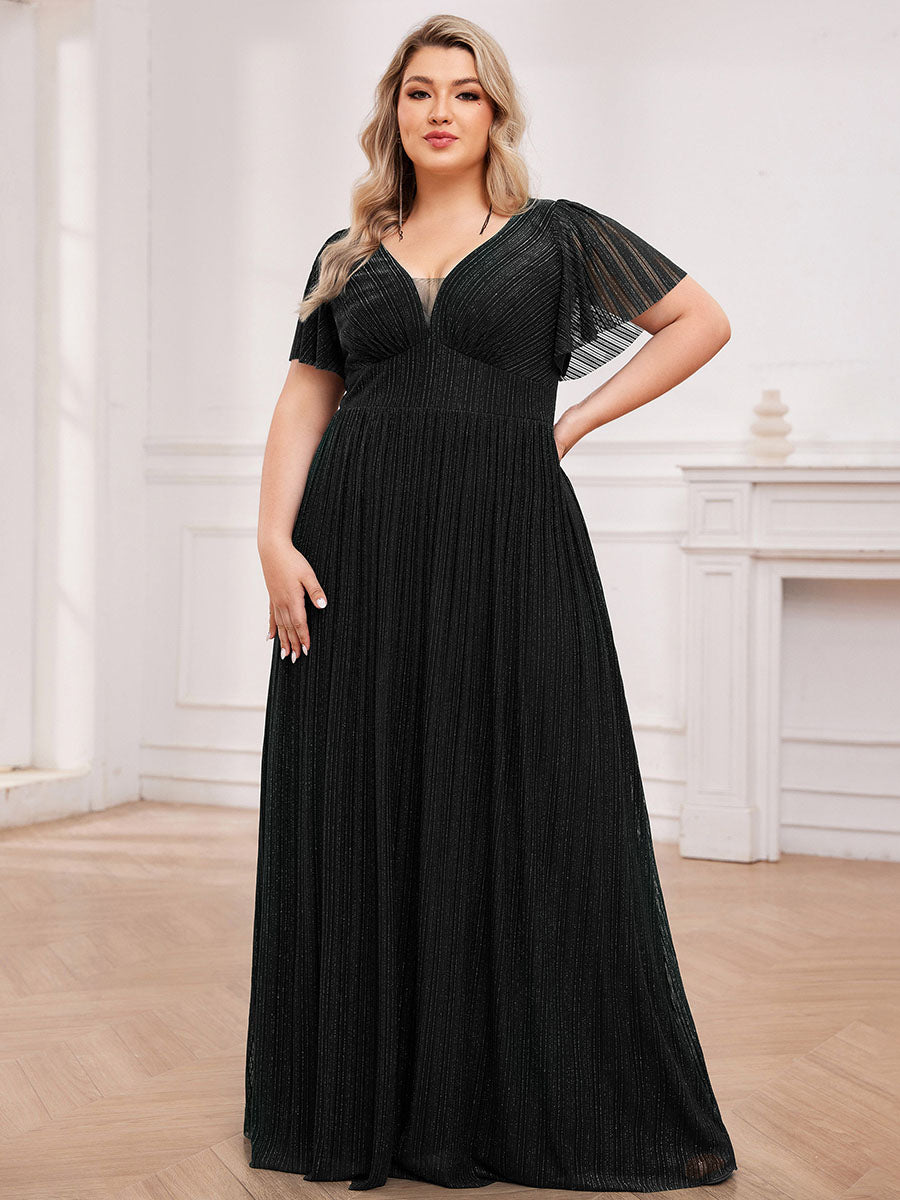 Color=Black | Plus Size Elegant See-Through Deep V Neck Floor Length Short Ruffles Sleeves Sequin Evening Dresses  -Black 1