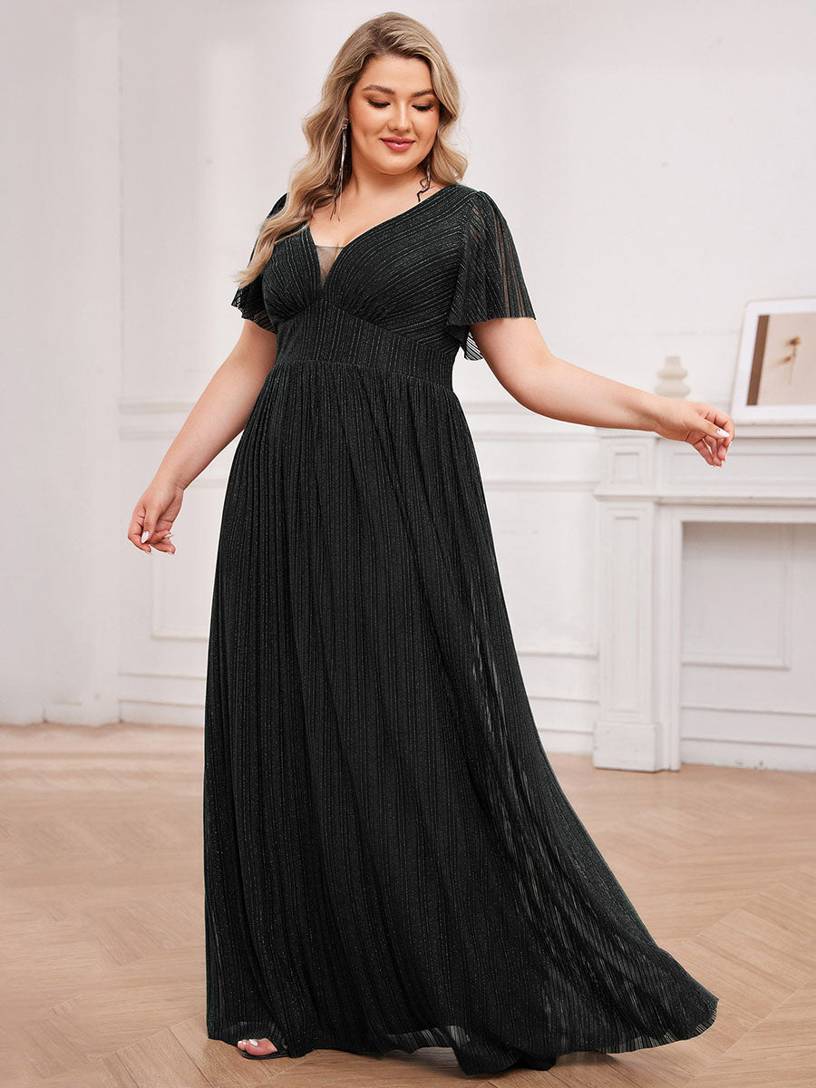 Color=Black | Plus Size Elegant See-Through Deep V Neck Floor Length Short Ruffles Sleeves Sequin Evening Dresses  -Black 3